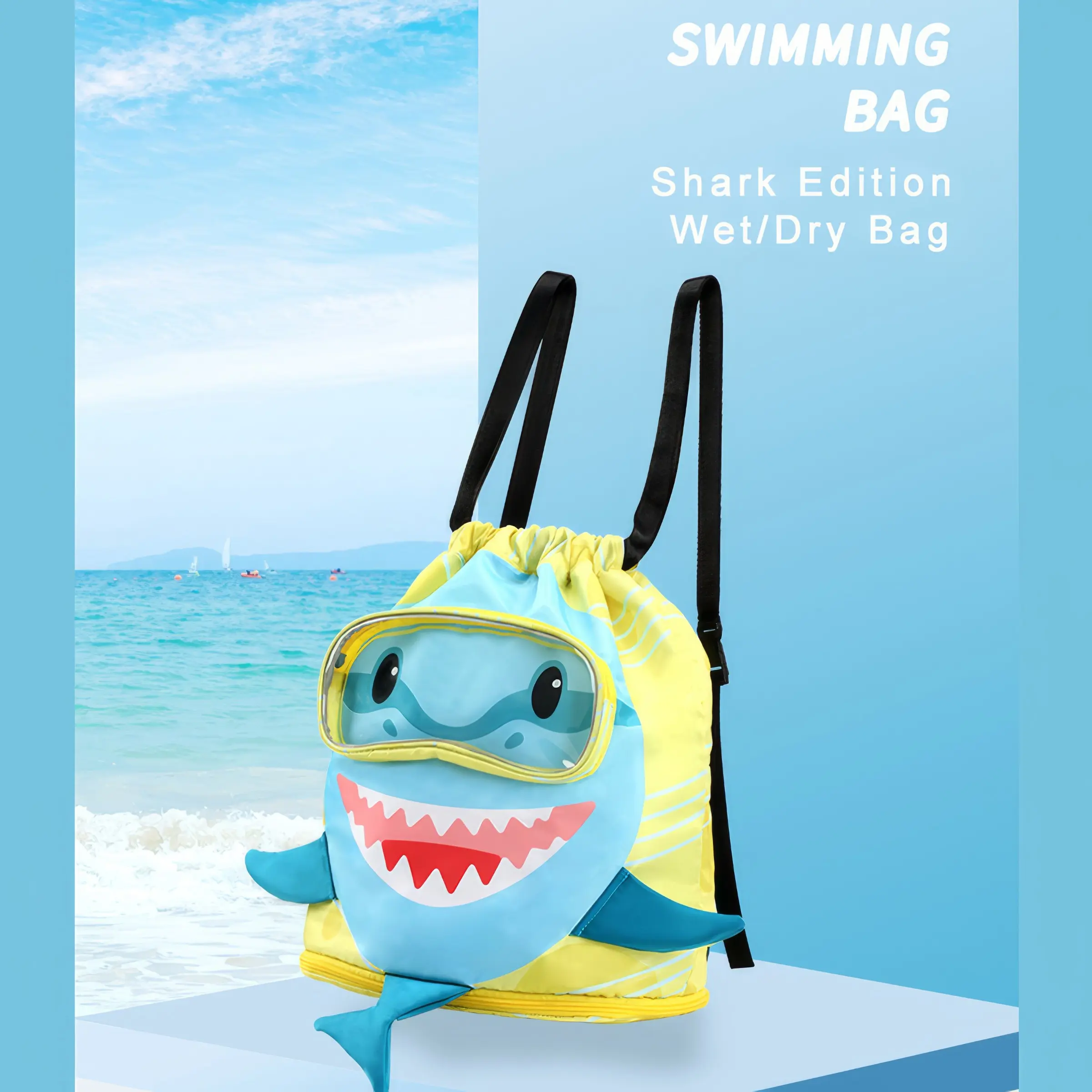 Kids Shark Swim Backpack, Waterproof Wet and Dry Separation, Shoe Compartment, Lightweight Sports Backpack for Swimming, Beach, Travel, Outdoor Activities, Swim Bag