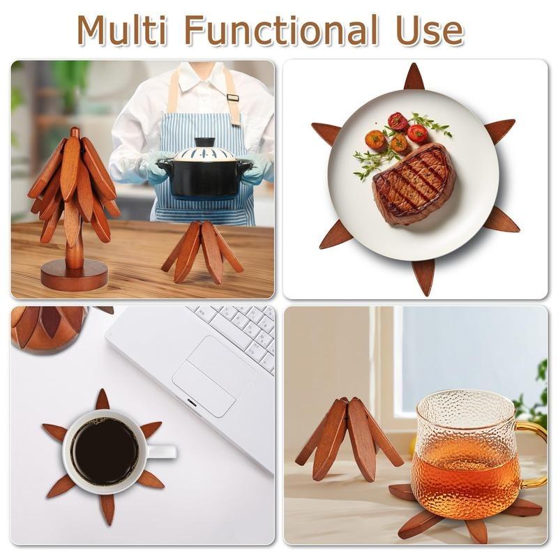 2026New model Natural Tree Trivet Set - 4/5Wooden Trivets & 1 Stand - Heat-Resistant Foldable Design - Durable & High-Quality Solid Wood - Ideal for Hot Dishes, Pots, Bowls, Teapots - Kitchenware & Tableware Coasters Coffee Table Mat