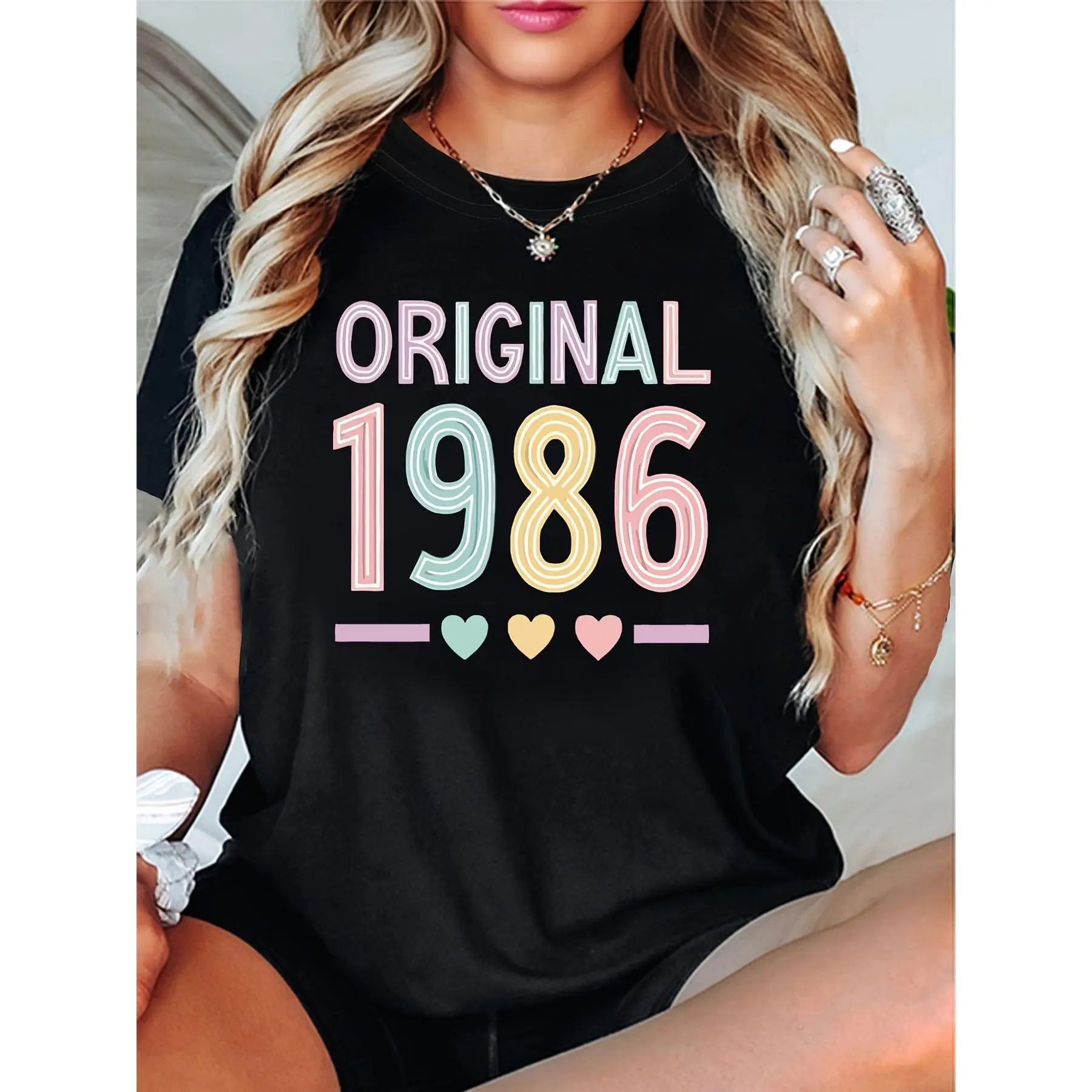Women's Retro 1986 Graphic Cotton Knit Shortleeve T-Shirt - "Original 1986" Colorful Lettering, Heart Accents, Casual Black Fit Top for Spring/Summer, Vintage Style, Shortsleeve, Fabric, Round Neck, Tshirt, 1980S Retro Women's T-Shirts