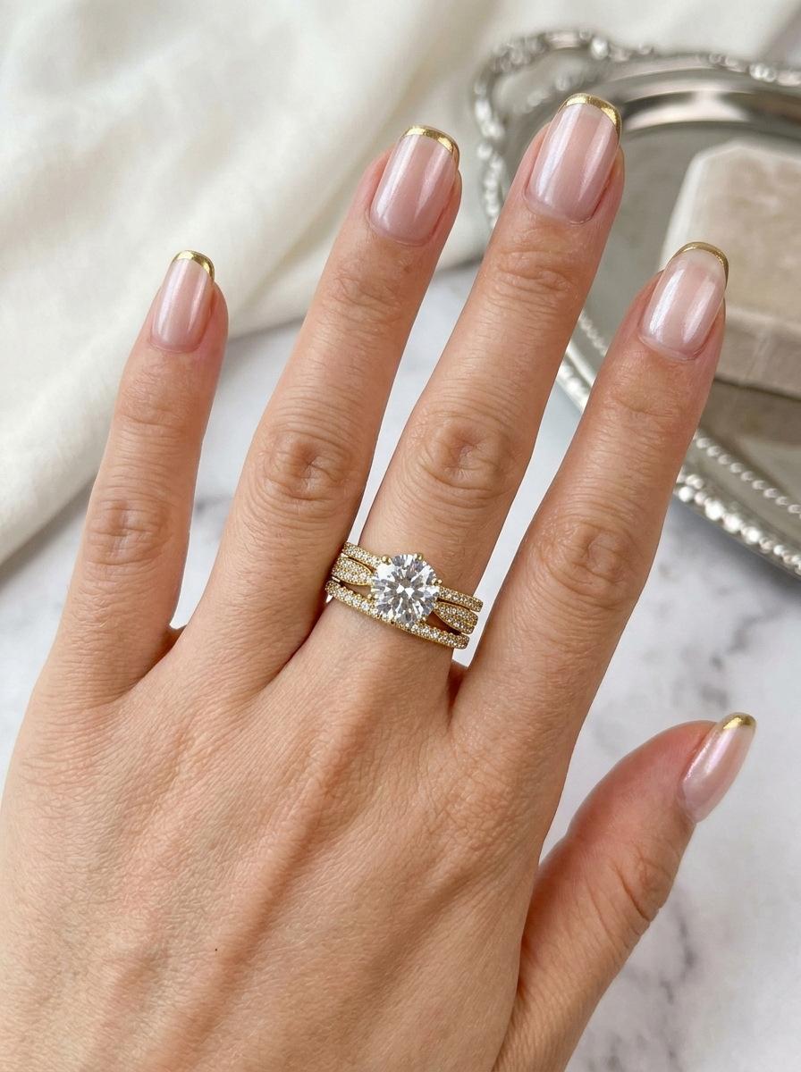 Elegant Golden Cubic Zirconia Ring Set for Women, Shiny Round Solitaire Bridal Stack Ring, Sparkly Wedding Engagement Anniversary Jewelry Gift for Her