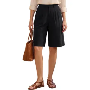 Womens Summer Bermuda Shorts Dressy Casual High Waisted Wide Leg Knee Length Work Shorts with Pockets