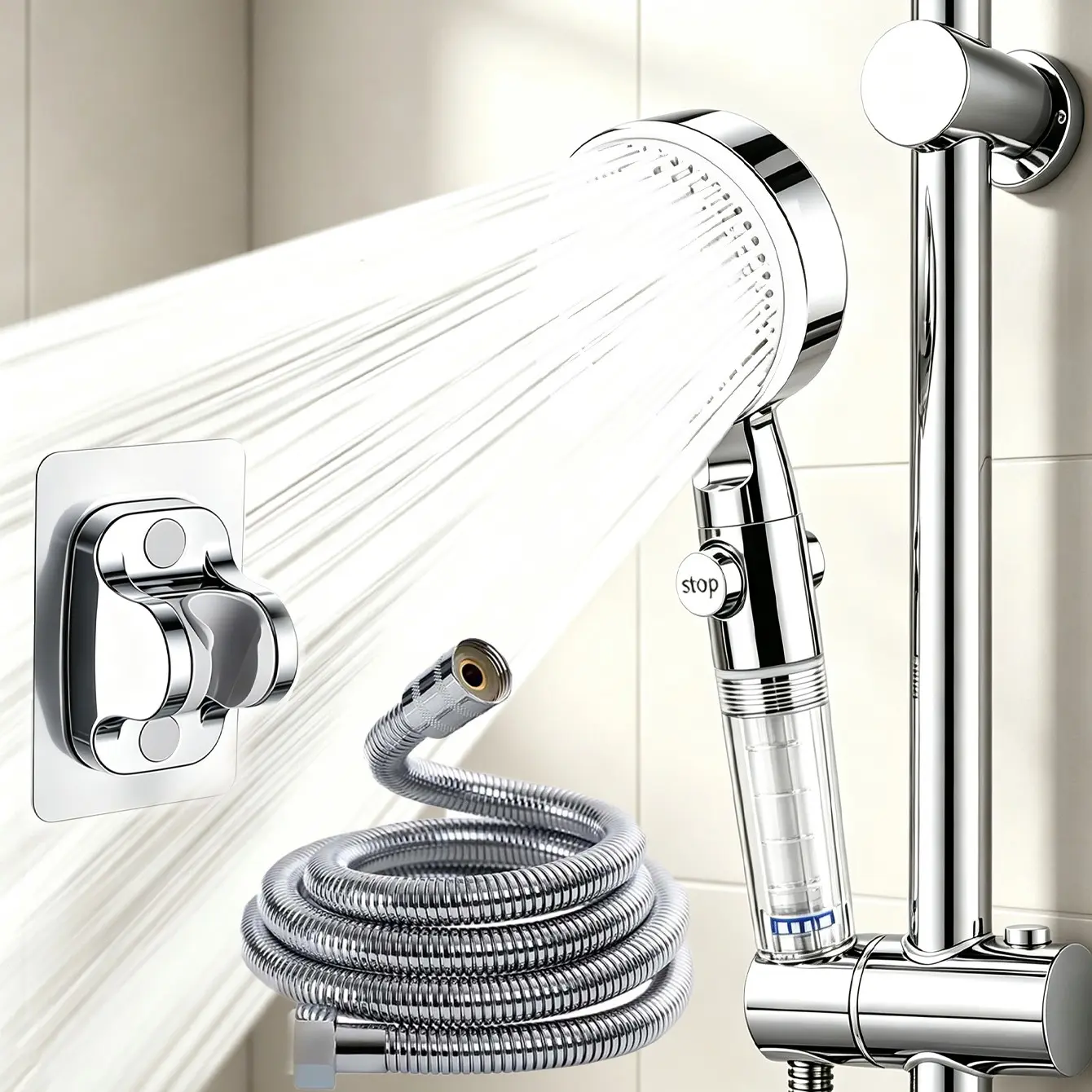 Five-Mode Handheld Shower Set with Switch Control, Purifying Shower Filter, Includes Stainless Steel Hose and Self-Adhesive Bracket