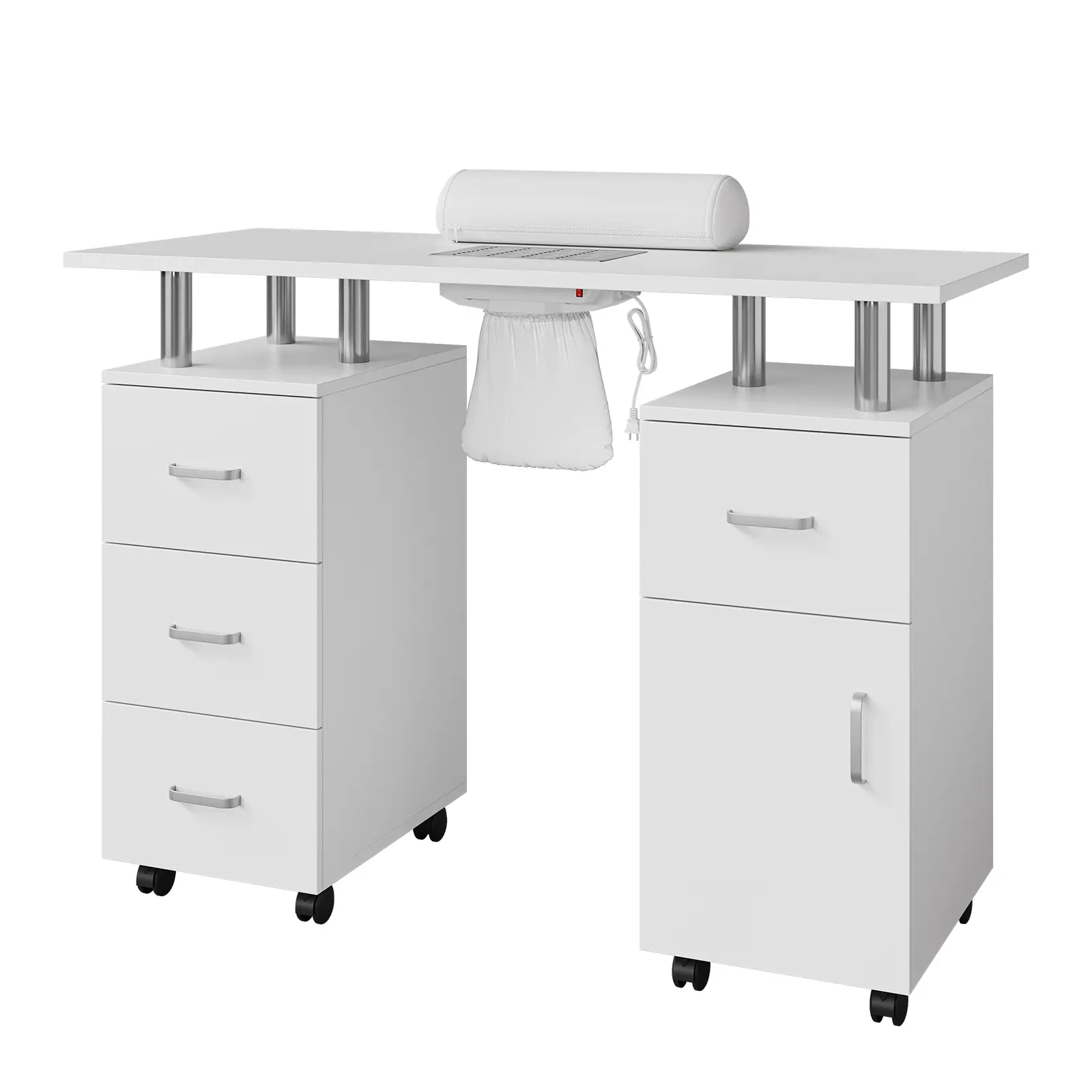 Nail Desk for Nail Tech, Manicure Table with Dust Collector and Hand Rest, Nail Station with Storage Cabinets, 4 Drawers and Lockable Wheels for Makeup Beauty Spa Salon- White