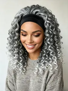 Gradient Ombre Brown Highlighted 14 Inch Deep Wave Bob Headband Wig for Black Females, Hand & Machine Combined Craft Synthetic Hair, Attached Matching Cloth Headband, Zero Lace Glueless Design Ideal for Workplace, Family Gatherings and Holiday Photo Shoot