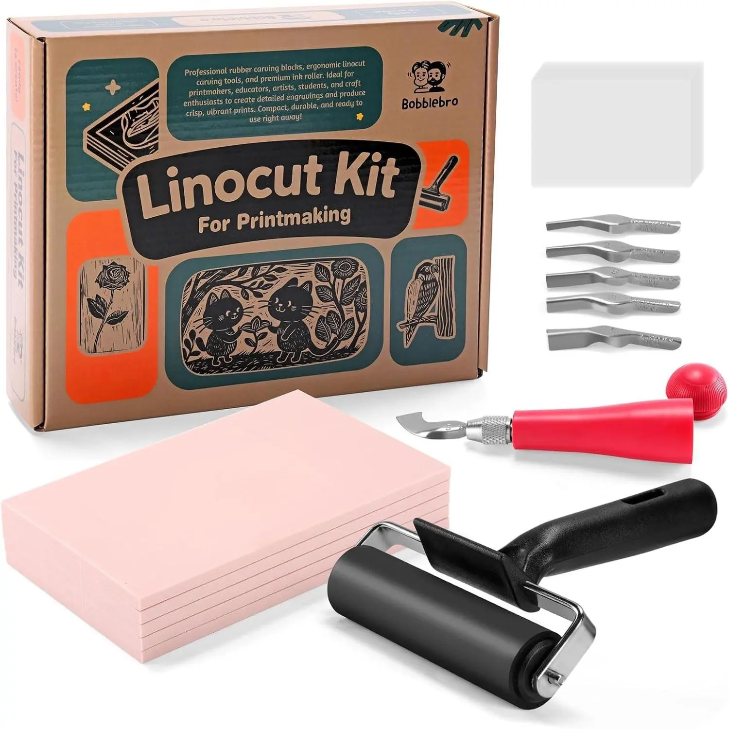Linocut Kit for Printmaking with 5PCS 4"x6" Soft Rubber Linoleum Blocks, Brayer & Carving Tools, Block Printing & Stamp Making Supplies for Beginners & Artists