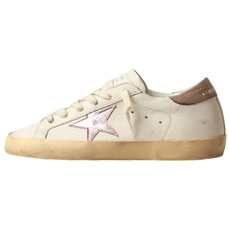 Women's Golden Goose Super-Star Leather Low-Top Lace-Up Casual Footwear - White Pink Distressed Trending Sneakers, House White Official Shoes with Verifiable Maison Mihara Credentials & Global Authentication Support