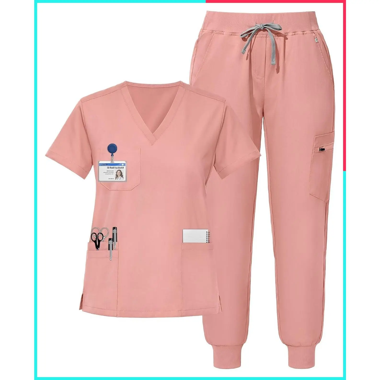 Women's V-Neck Scrub Set with Jogger Pants, 9 Pockets, Soft Stretch Fabric, Yoga Waistband, Secure Zip Storage, Breathable, Wrinkle-Resistant, Easy Care for Daily Wear