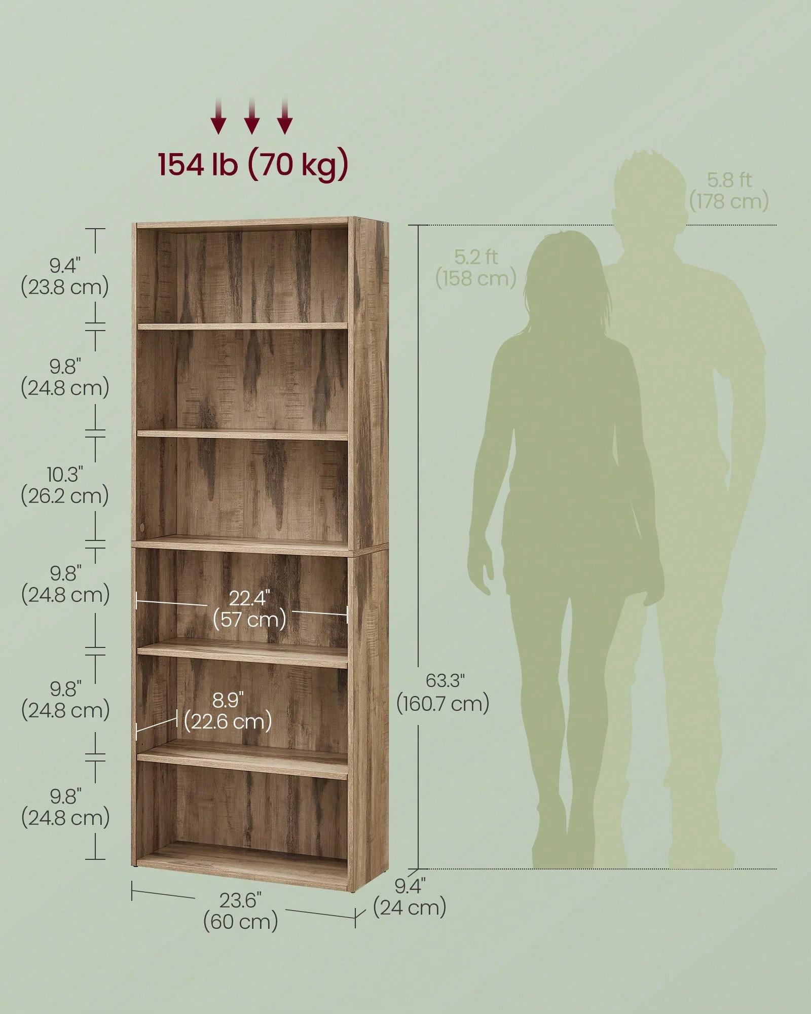 Multi-Color 6-Tier Open Bookshelf (Rustic Brown/Black/White/Camel Brown/Natural Beige, Walnut Wood), Adjustable Shelves, Floor Standing, 9.4"D X 23.6"W X 63.1"H, Office Storage