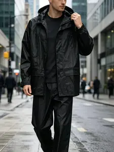 Men's Waterproof Raincoat Set, Adjustable Drawstring Hood, Ideal for Outdoor Rainy Commutes, Perfect for Construction Sites