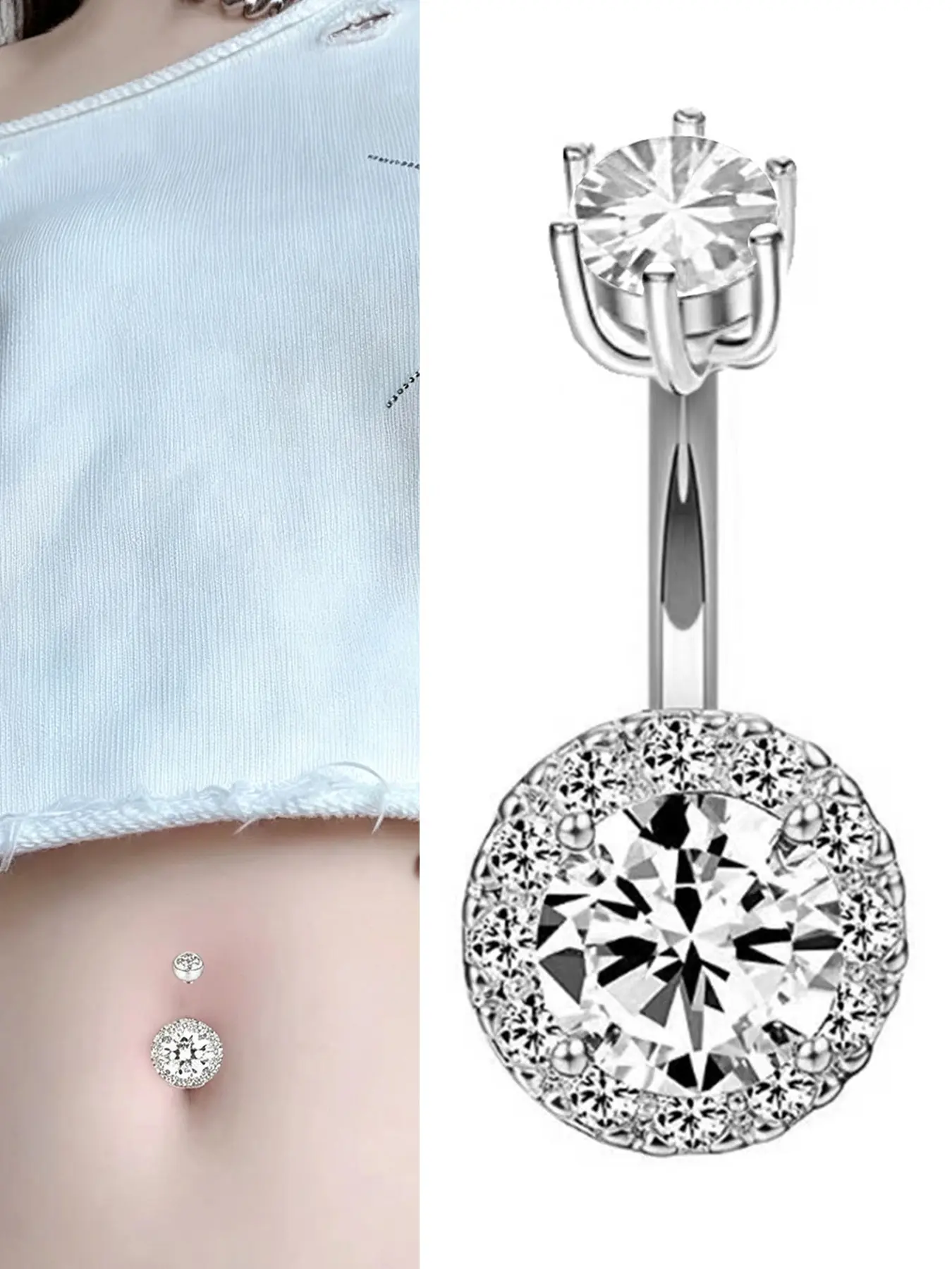 1Pc Sparkly Round Pink CZ Navel Ring, 6 Claw Paved Medical Anti-Allergy Steel Curved Bar Belly Piercing, Y2K Hot Girl Sexy Body Jewelry
