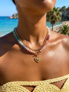Double Layer Rainbow Stone Heart Cuban Chain Necklace, Natural Rainbow Stone Ot Clasp Collarbone Chain, Beach Vacation Accessory