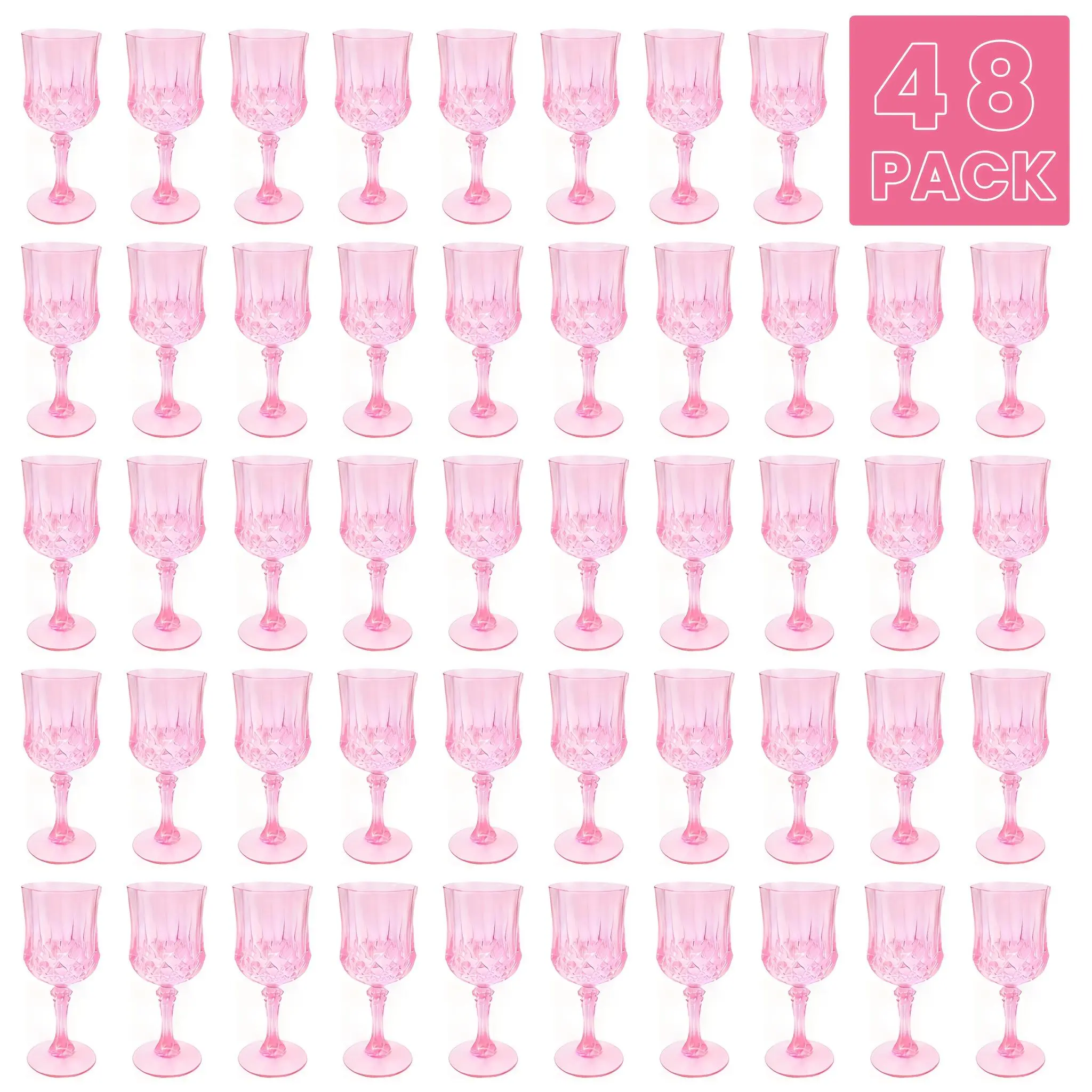 48 Pcs Pink Reusable PS Plastic Stemmed Party Cups - Birthday Cups, Wedding Evening Festival Party Supplies, Champagne Flutes for Wine/Cocktails, 2026 New Year Gift Drinkware