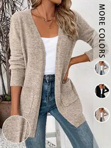 Women's Soft Knit Cardigan, V Neck Long Sleeve, Front Open Design with Pockets, Chic Casual Layering Top, Perfect for Commute and Vacation, Womenswear Knitwear
