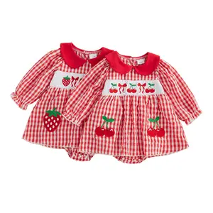 Infant Baby Girl Romper Dress Cherry/Strawberry Embroidery Puff Short Sleeve Doll Collar Jumpsuit 0-18 Months