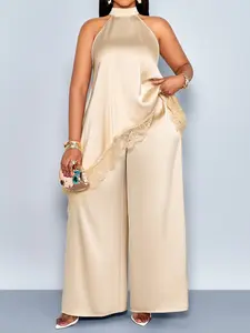 Two-Piece Summer Elegant Casual Women's Solid Color Plus Size Lightweight Chiffon Long Pants Set, Halter Tie Asymmetrical Lace Trim Top and High Waist Wide Leg Pants
