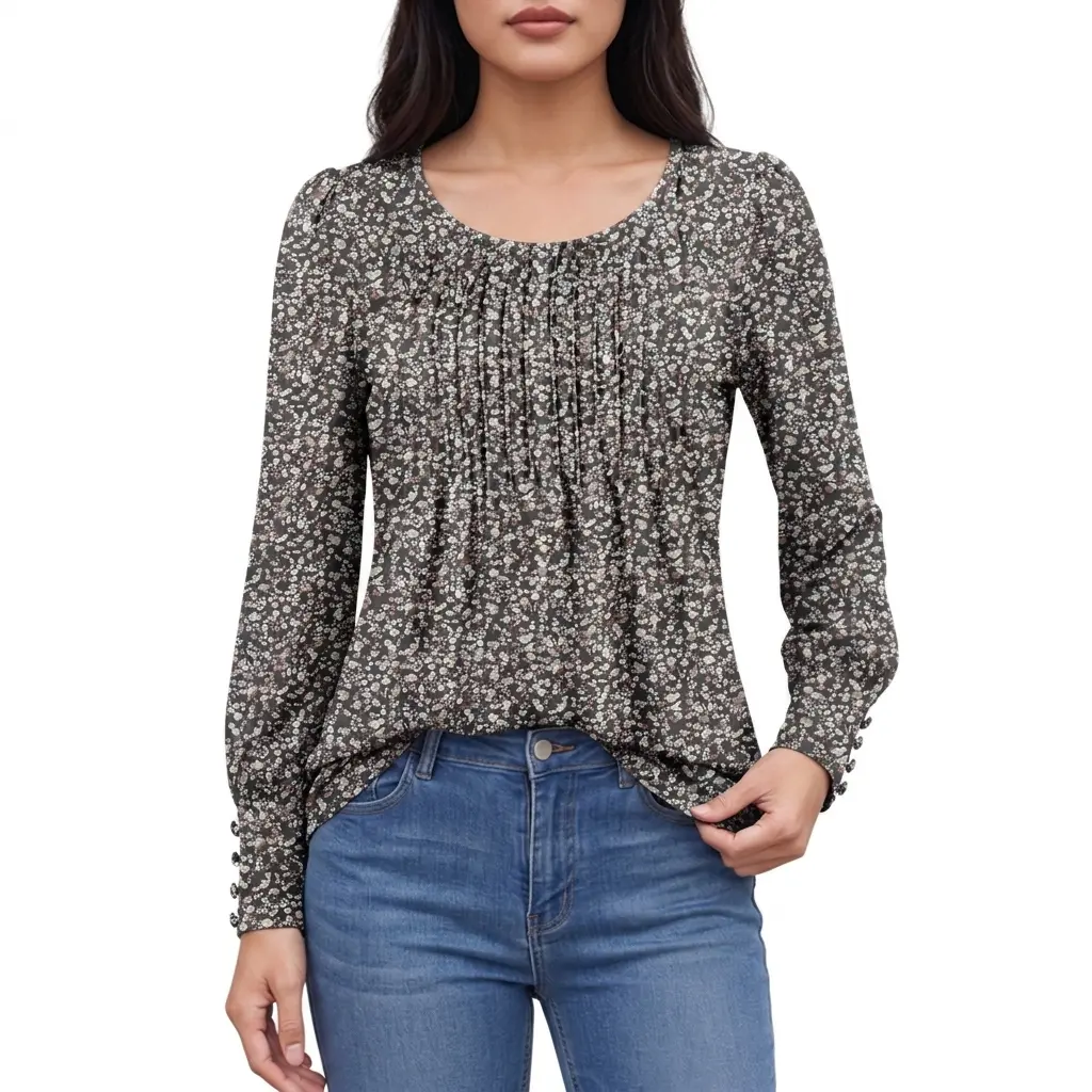 Women's Long Sleeve Top with Front Pintucks and Cuff Detail for Daily Fall and Winter Outfits