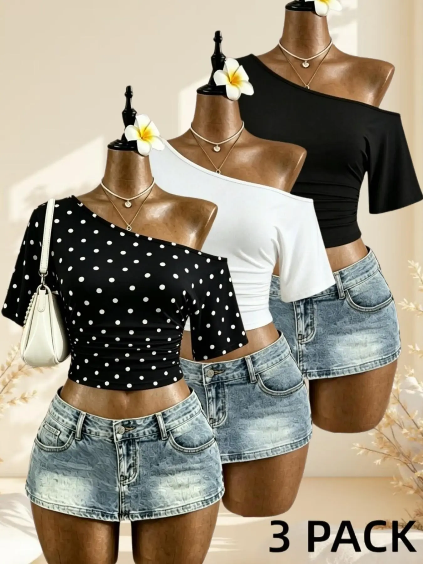 American Vintage Style Polka Dot Asymmetrical Shoulder Short Sleeve T-Shirt, Casual Fitted Top, Three-Piece Set for Daily Wear, Asymmetrical Shirts, Asymmetric Design