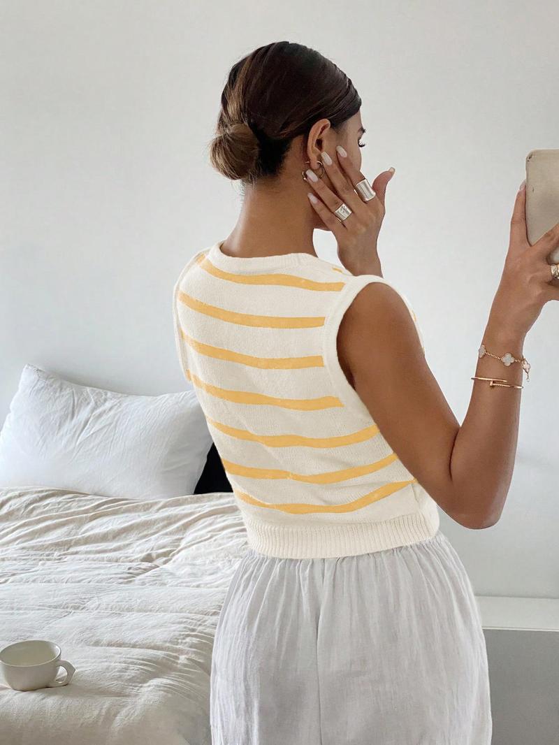 Women's Striped Print Button Front V Neck Crop Sweater Vest, Casual Sleeveless Knit Top for Spring & Fall, Fashion Women's Knitwear for Daily Wear
