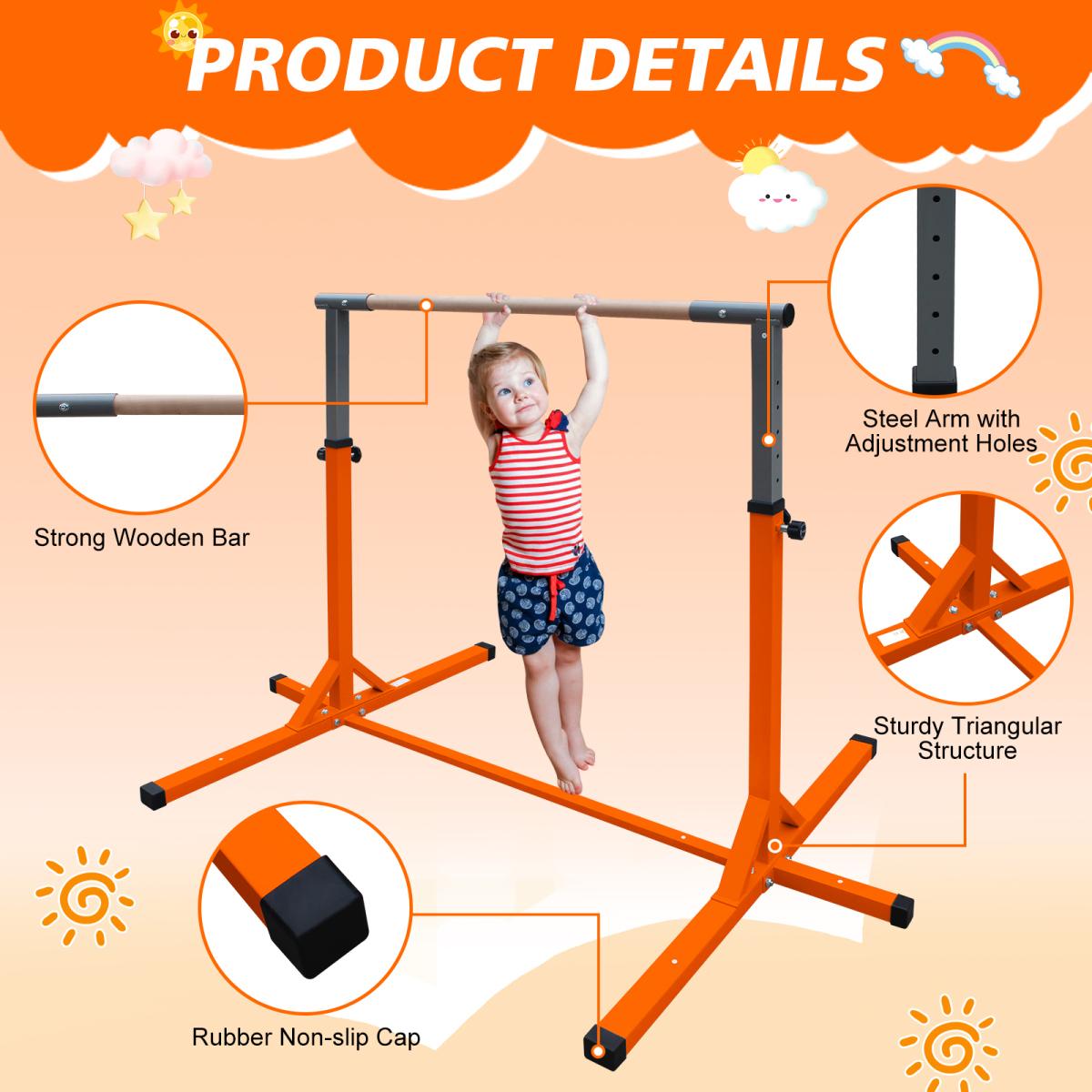 [Fahuac] Gymnastics Bar for Kids, Adjustable Height 39"-62" Junior Training Kip Bar for Home, Sturdy Metal Base with Non-Slip Cover, Easy Assembly, for Kids 3+ Years Orange