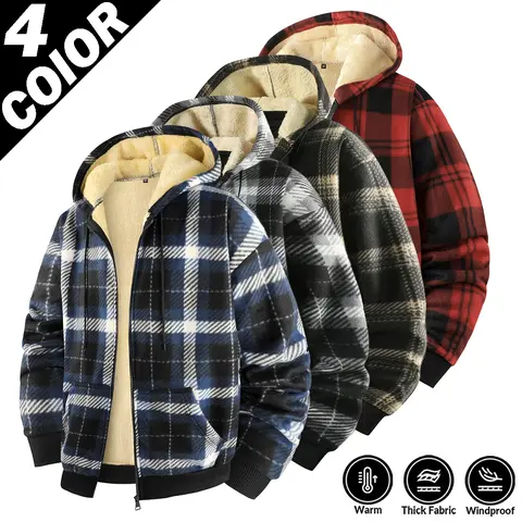 Men's Medium Plaid Long-Sleeve Hooded Fleece-Lined Warm Stylish Casual Sweatshirt Coat, 2026 New Arrivals Menswear Tops for Autumn Winter