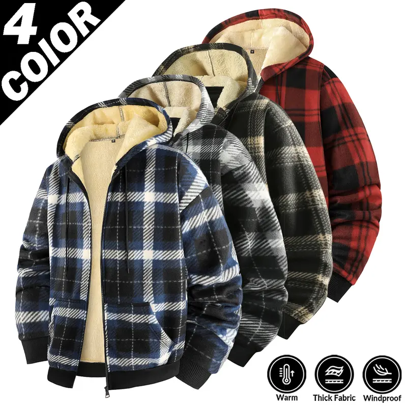 Men's Medium Plaid Long-Sleeve Hooded Fleece-Lined Warm Stylish Casual Sweatshirt Coat, 2026 New Arrivals Menswear Tops for Autumn Winter