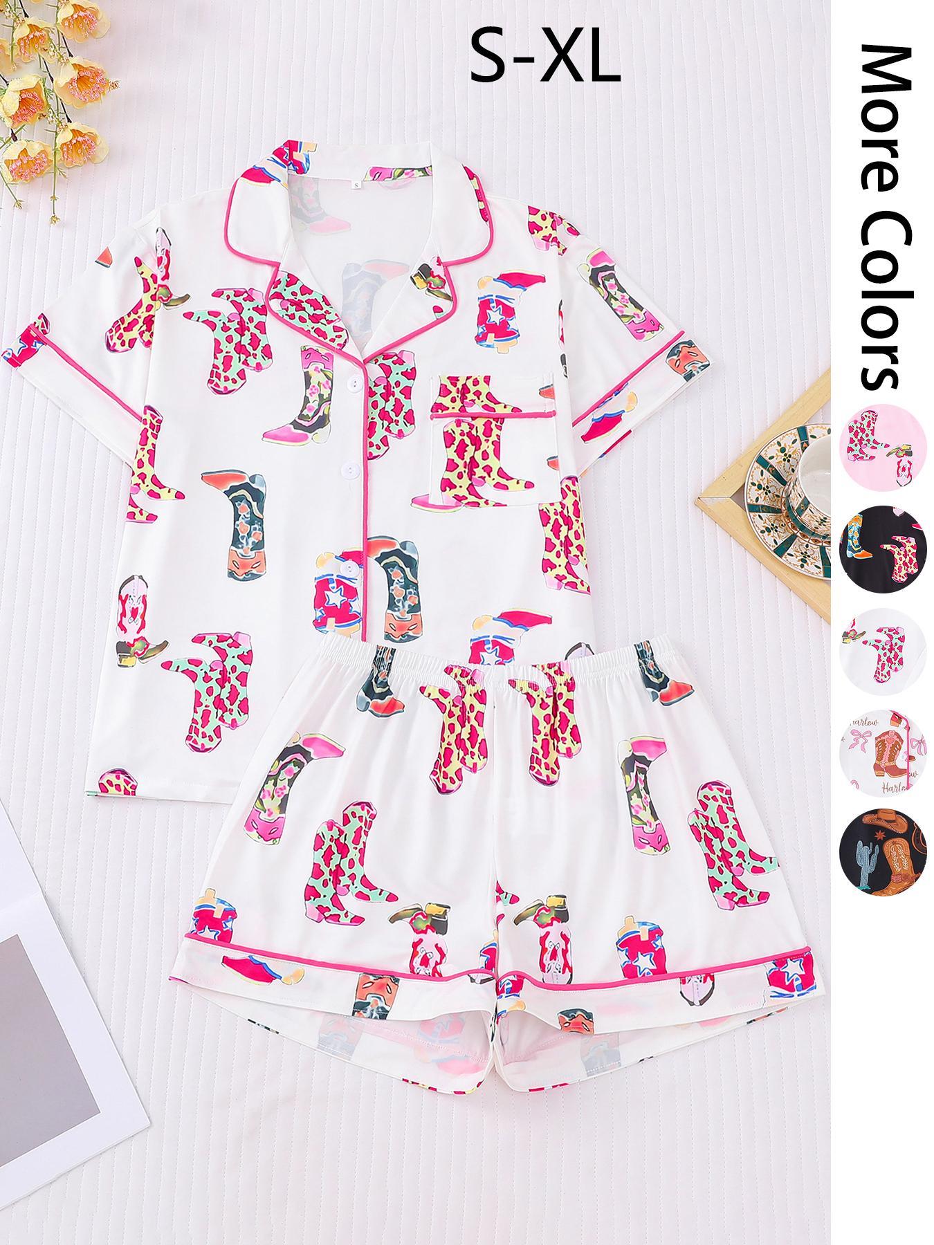 Women's All Over Cowboy Boots Print Pajama Two-piece Set, Casual Comfy Short Sleeve Lapel Neckline Tee & Shorts PJ Set, Ladies Summer Sleepwear