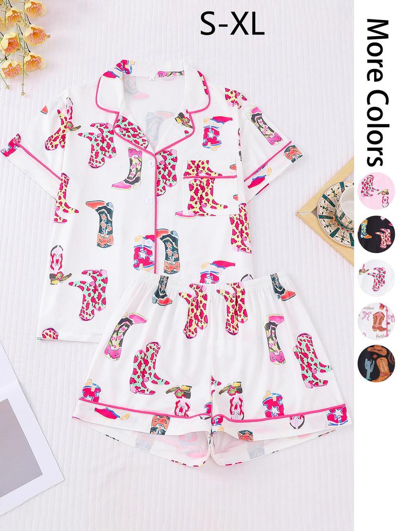 Women's All Over Cowboy Boots Print Pajama Two-piece Set, Casual Comfy Short Sleeve Lapel Neckline Tee & Shorts PJ Set, Ladies Summer Sleepwear
