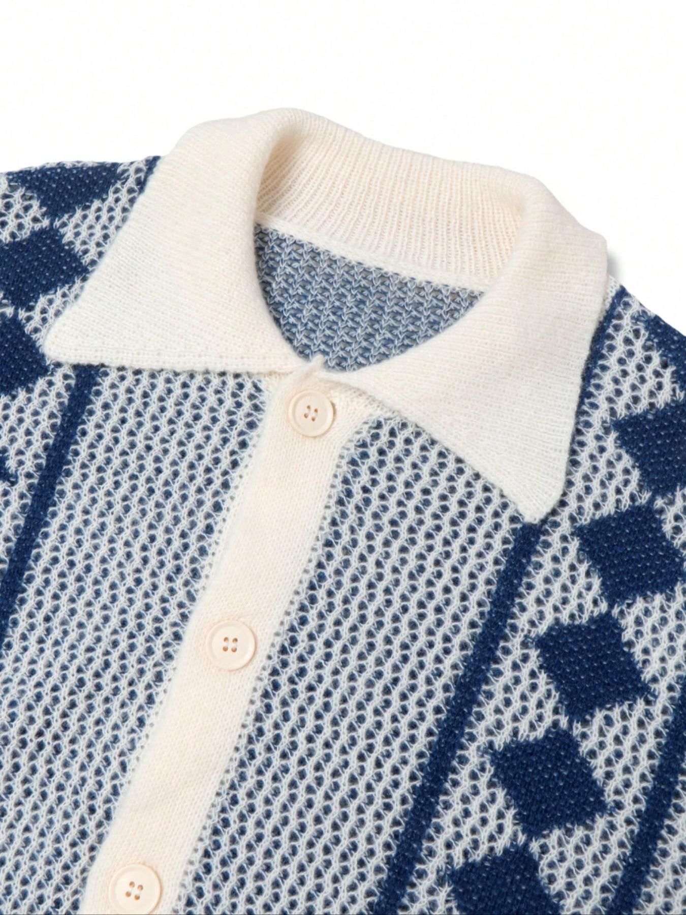 Men's Vintage Casual Wide Plaid Colorblock Polo Collar Button Front Sweater Coat, Perfect for Spring & Fall Seasons, Long Sleeve Knitwear