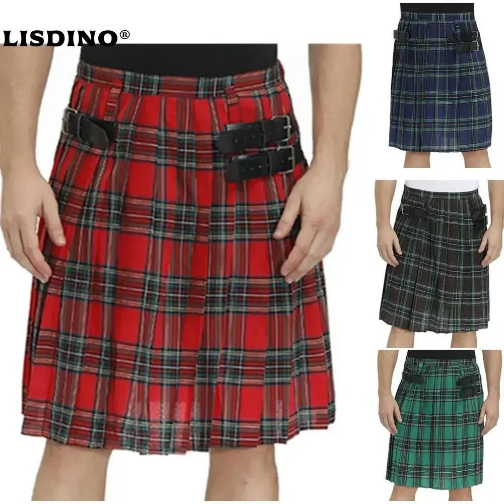 Lisdino Men's Traditional Scottish Highland Tartan Pleated Kilt - Menswear Costumes Clothes with Elastic Bilateral Belt for Special Occasions, Pleated Skirt