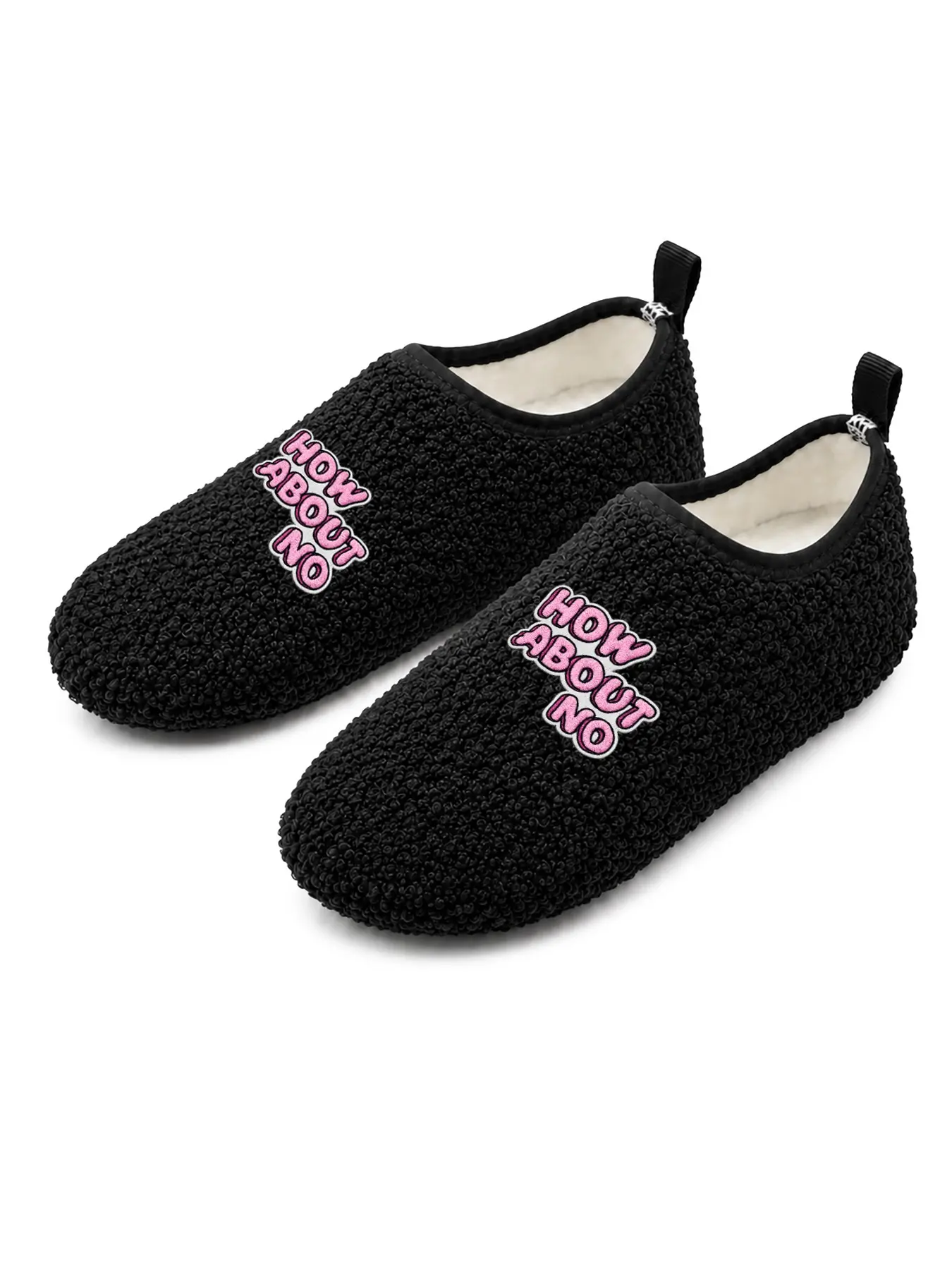 JEKO Fuzzy Cotton Slippers Trendy Y2K Funny Slogan Embroidery Ultra Soft Plush Thick Warm Closed Heel Anti Slip Unisex College Dorm Yoga Workout