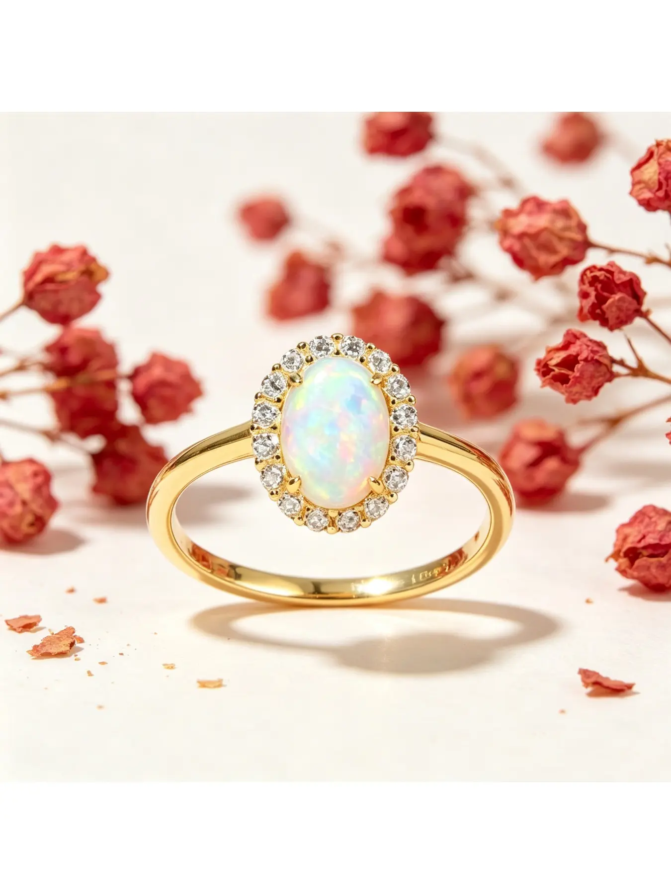 Oval Iridescent Opal Round Stone Halo Smooth Thin Gold Engagement Ring, Bridal Ring, Ethereal Soft Gift for Women, Minimalist Sleek Narrow Band for Everyday Wear, Fit for Easter Trips, Valentine Dates and Lawn Proposal Scenes