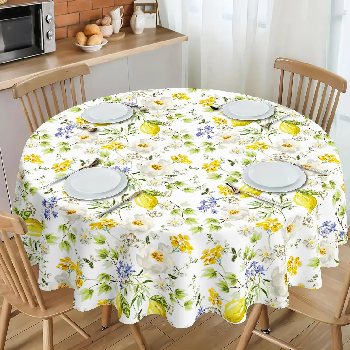 Fresh Lemon & Wildflower Tablecloth | Vibrant Summer Citrus, White Peonies & Blue Florals Print | Cottagecore Aesthetic Table Cover for Indoor Outdoor Kitchen Dining Decor