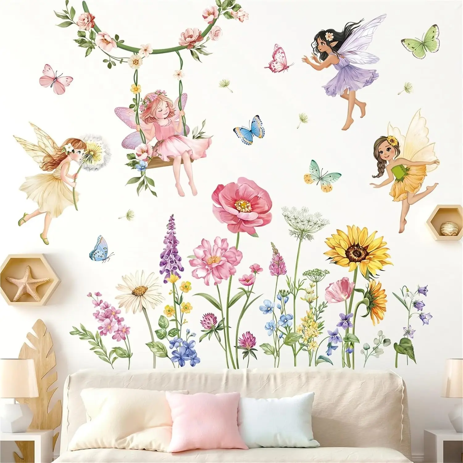 Flower Fairy Wall Decals with Butterfly Girl and Wildflower Sunflower Stickers for Girls Bedroom, Baby Nursery, Kids Room Decor(Gift)