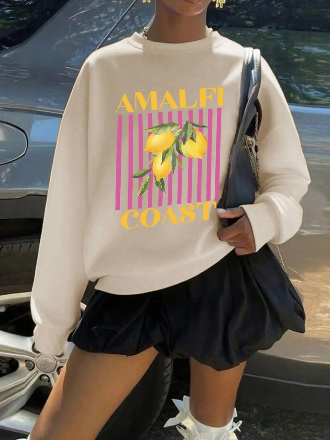 Crewneck Sweatshirt Women Preppy Italian Summer Fruit Letter Printed Loose Top for Women Campus Streetwear Casual
