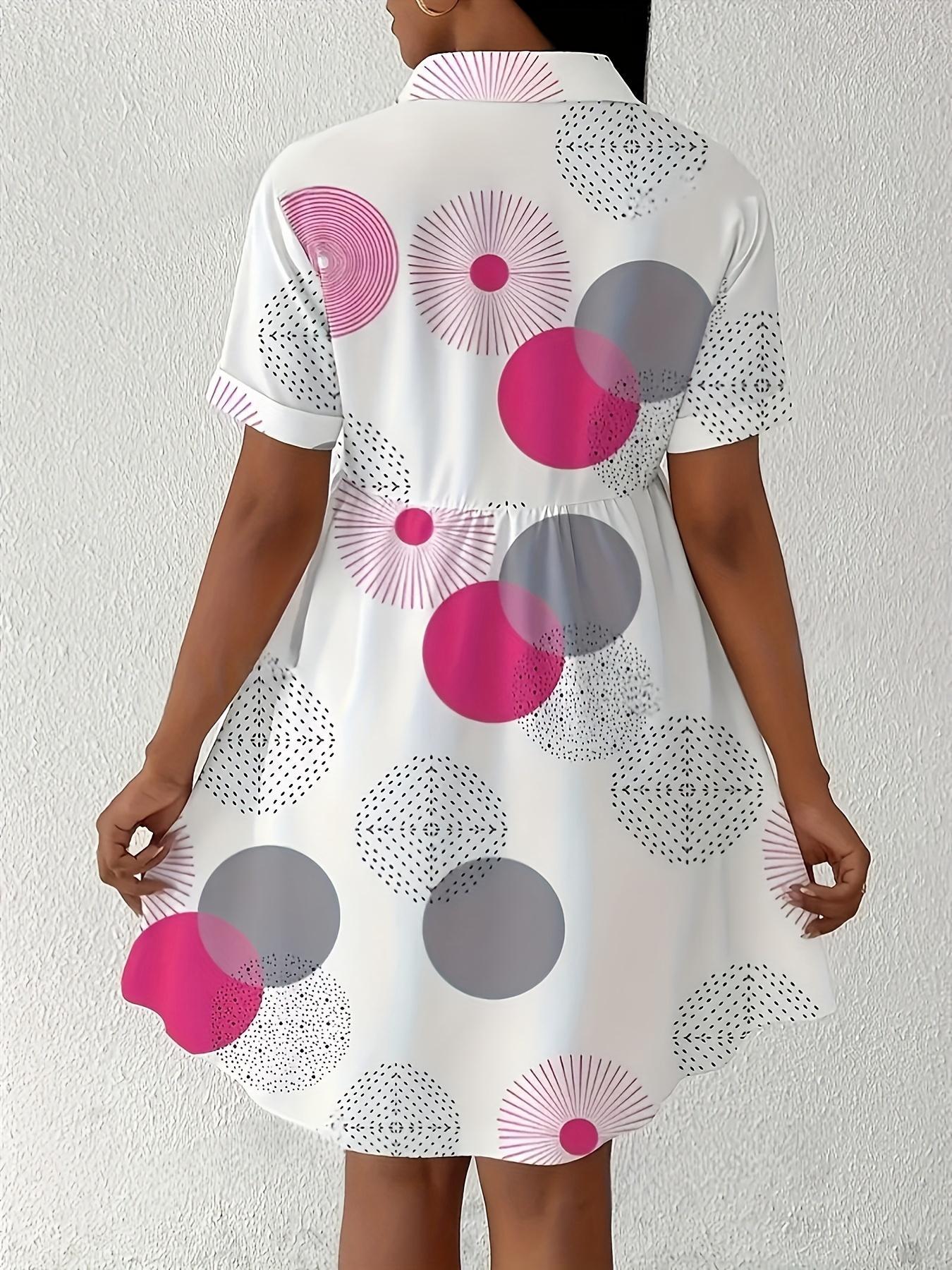 【Plus Size】 All Over Print Shirt Dress, Casual Short Sleeve Collared Dress for Summer, Women's Clothes for Daily Wear