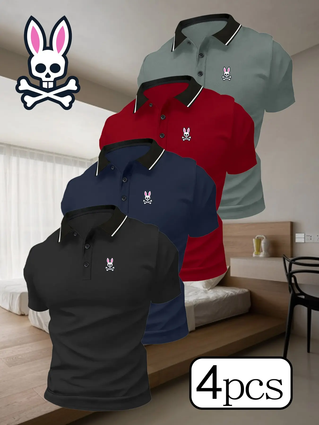 Men's Sporty Quick-Dry Polo Shirts, 4-Pack with Skull Rabbit Print, Comfortable Breathable Fabric, Durable Stretch Material