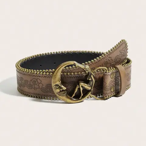 Women's Belt, Belt with Buckle, Vintage Moon Goddess Buckle, Floral Print, Boho Y2K Style, Perfect for Parties, Daily Wear, Music Festivals, Summer