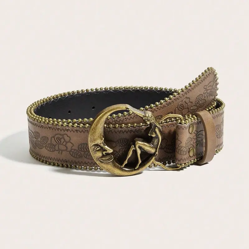 Women's Belt, Belt with Buckle, Vintage Moon Goddess Buckle, Floral Print, Boho Y2K Style, Perfect for Parties, Daily Wear, Music Festivals, Summer