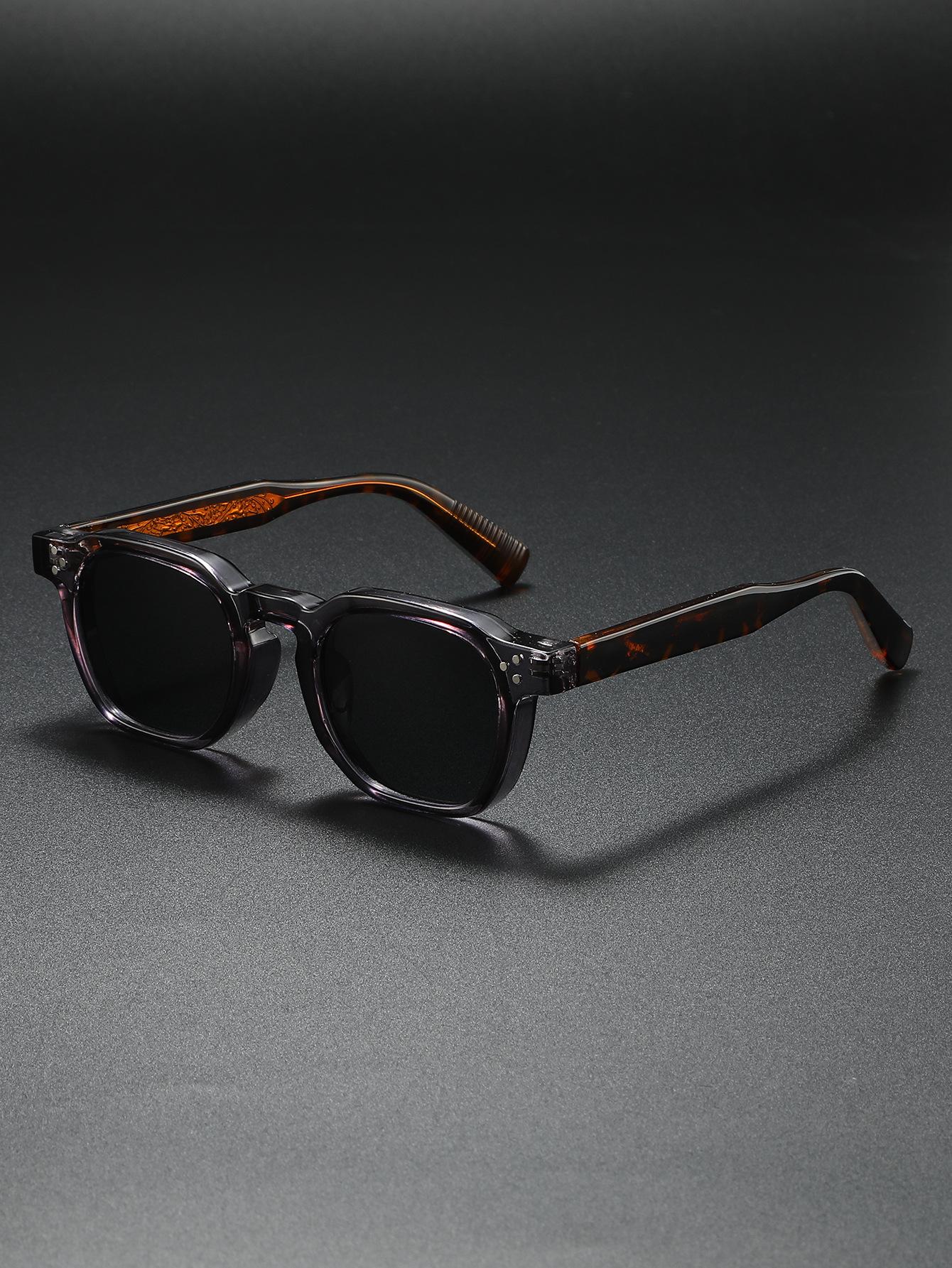 Vintage Square - Frame Sunglasses: Transparent Gray Acetate Frame, Tortoise - Patterned & Engraved Temples, Black Lenses