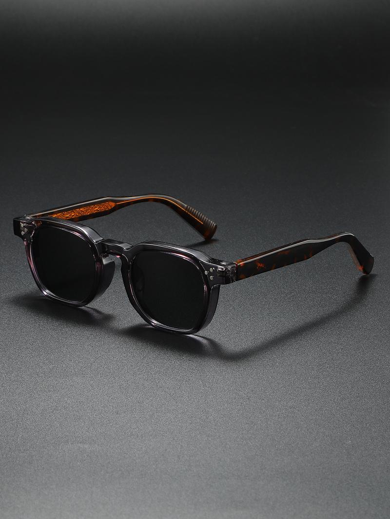 Vintage Square - Frame Sunglasses: Transparent Gray Acetate Frame, Tortoise - Patterned & Engraved Temples, Black Lenses