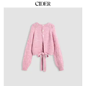 Cider [size 2-10] Knit Round Neckline Hollow Out Rhombus Knotted Long Sleeve Top