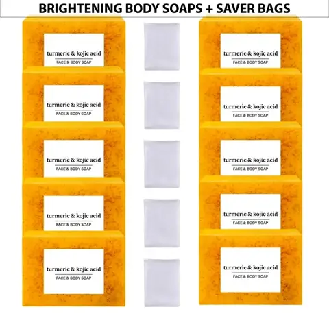 Lemon Turmeric & Kojic Acid Soap Bar, 10pcs/set Face & Body Wash Soap Bar with Soap Saver Bags, Daily Skincare Cleanser Sets for Men & Women Turmeric Cleansing Soap