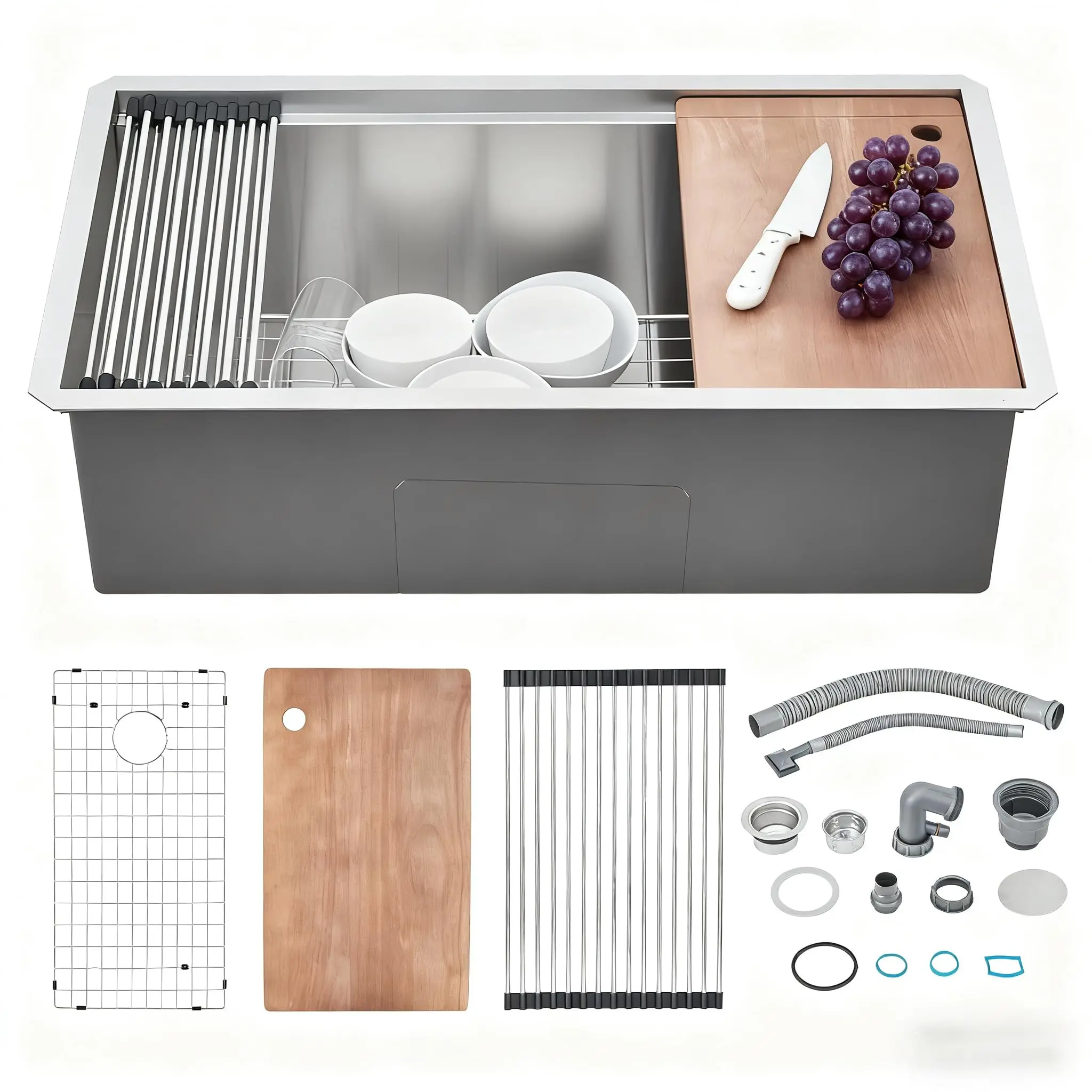 Garvee 32-Inch Undermount Kitchen Sink, Stainless Steel Single Bowl Kitchen Sink, Workstation Drop In Kitchen Sin-k Basin with Grid and Drain Strainer Set, (19 * 32 * 10Inch)