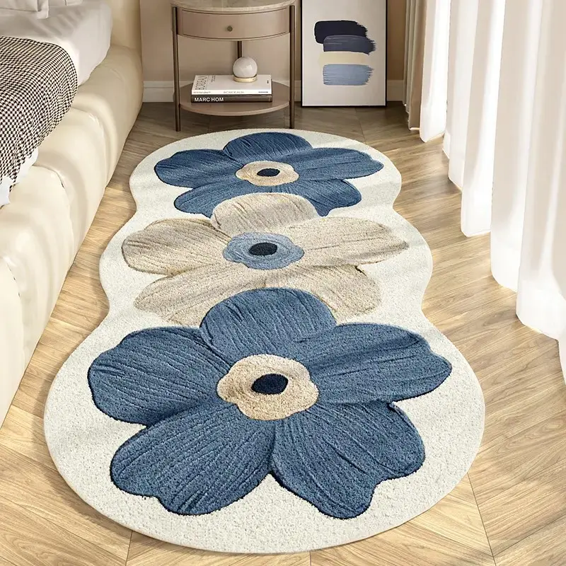 French Cream Blue Floral Bedside Rug, Elegant Large Area Non-Slip Plush Carpet, Easy Care for Living Room, Bedroom, Lounge, Dressing Room