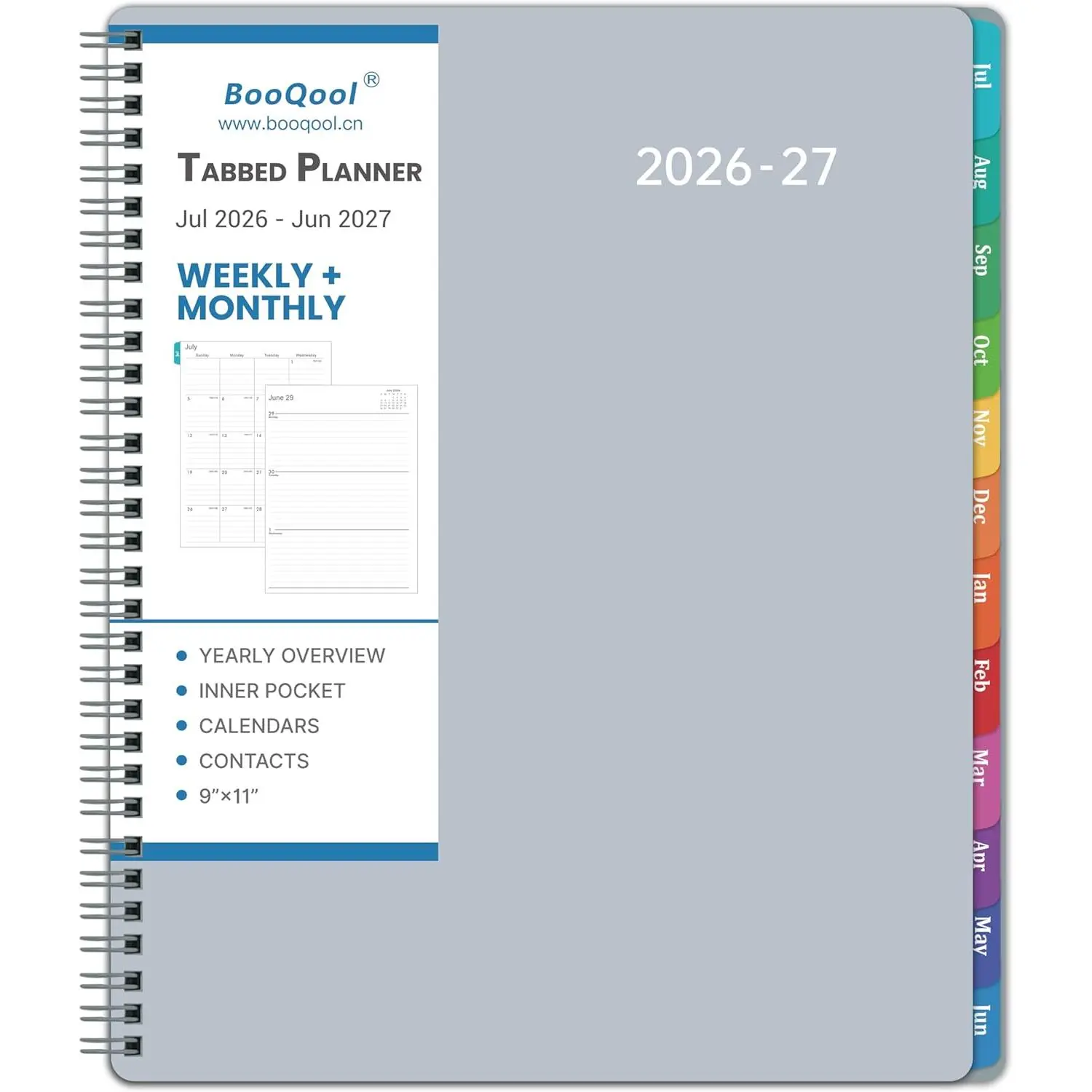 Planner 2026-2027 – 2026-2027 Planner Weekly and Monthly, 9" x 11", Large, July 2026 – June 2027, 12 Monthly Tabs,  -Wire Binding, Inner Pocket, Hardcover, Grey