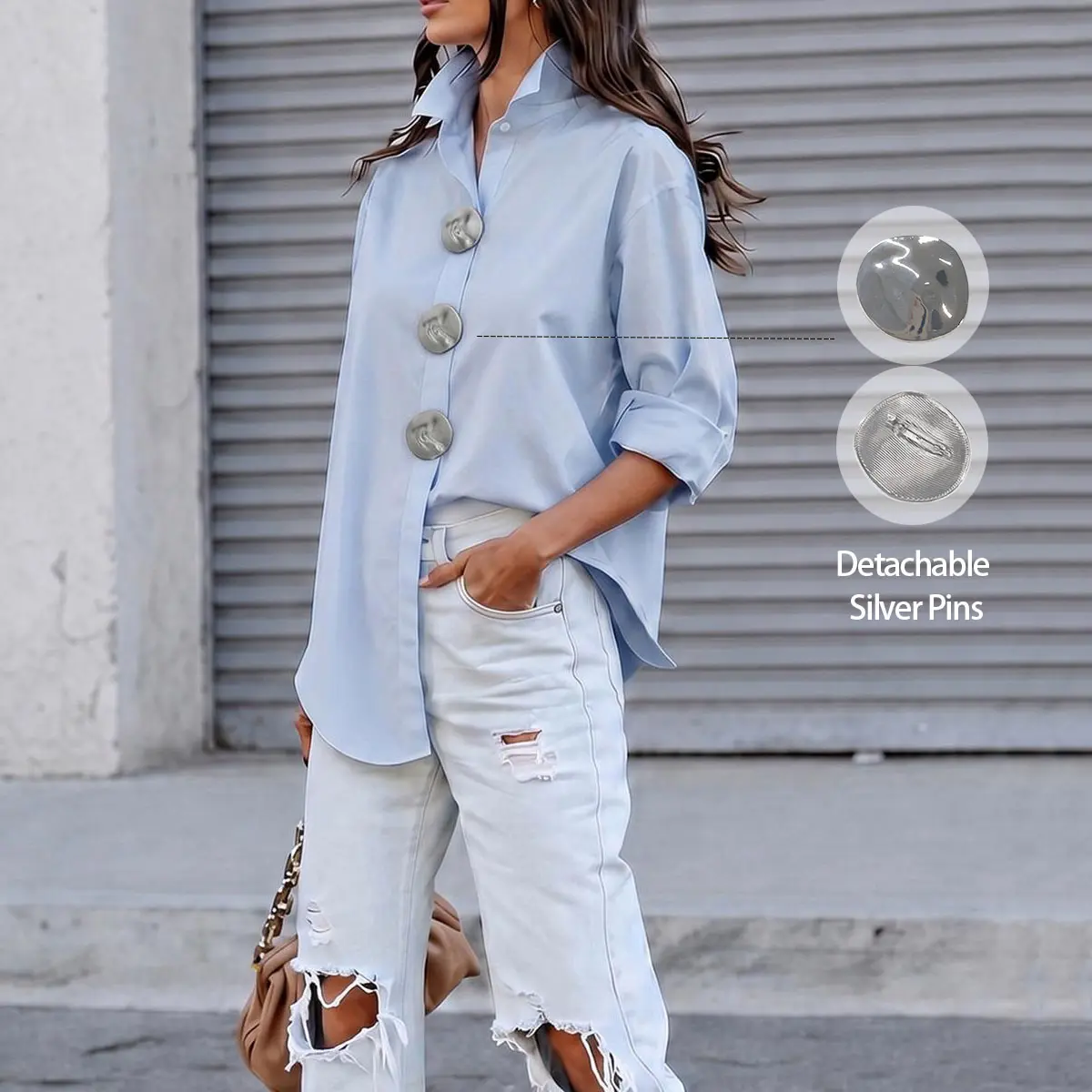 Women's 100% Soft Cotton Collared Blouse with Detachable Silver Pins, Regular Length Casual Button Down Shirt