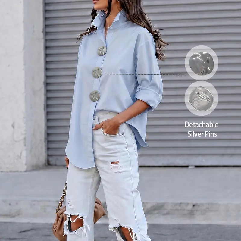 Women's Oversized Breathable Cotton Button Down Blouse - Plus Size Tops, Long Sleeve Retro Casual Shirt with Collared Lapel, Detachable Silver Pins, High-Low Hem, Camisole Coverage, Ideal for Work/Thanksgiving, Hand Wash Only, Hangable, Minimalist Basic