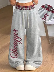 Women's Plaid Waist Letter Print Wide Leg Baggy Sweatpants, American Vintage Casual Long Pants, Drawstring Elastic Waist, Frayed Hem, Side Pockets