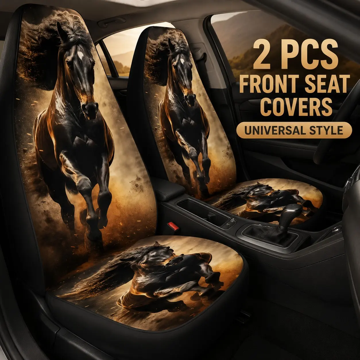 2pcs Horse Print Front Car Seat Covers, Automotive Seat Covers, Universal Fit Horse Graphic, Stylish Car Interior Accessories for Sedan Suv Truck