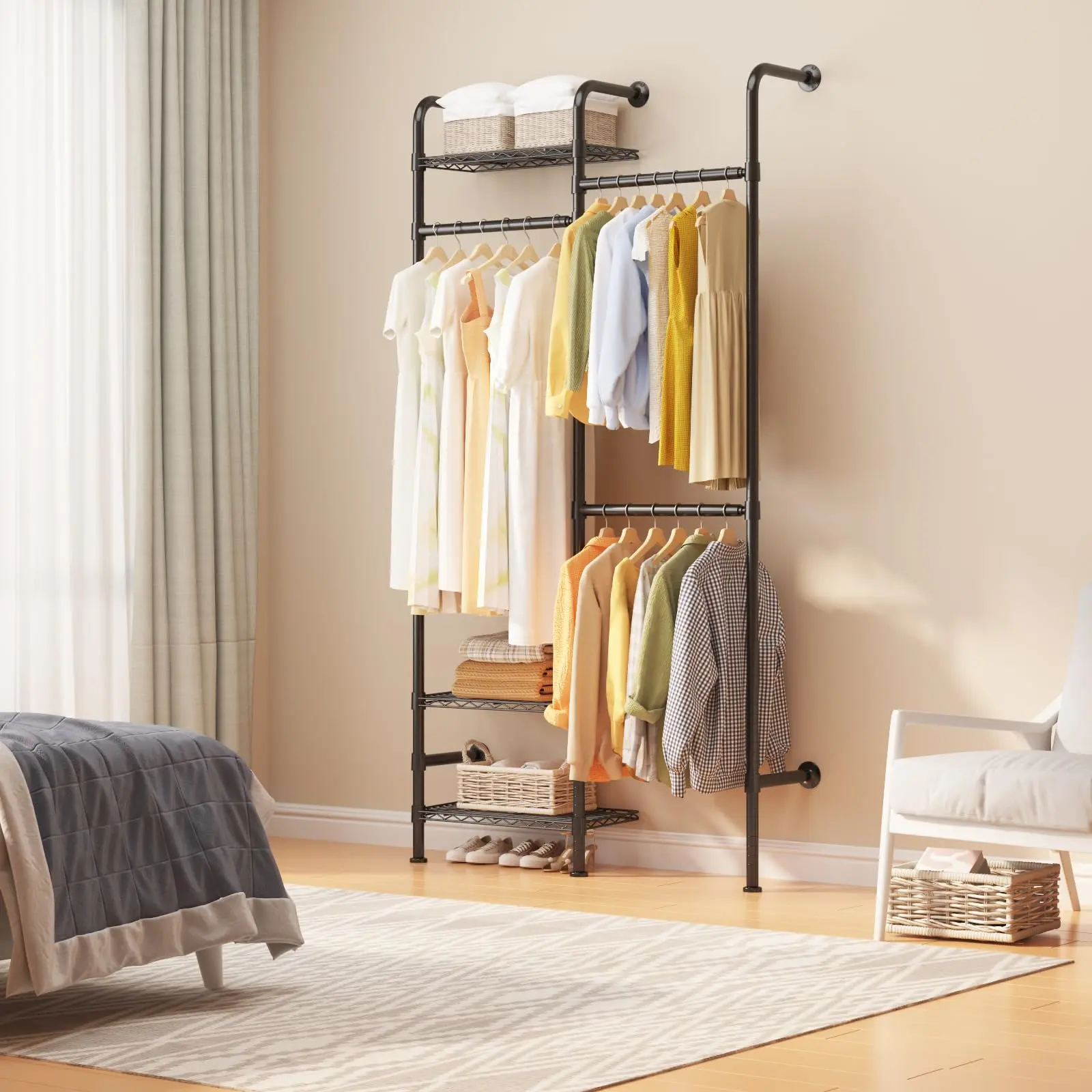 Wall Mount Closet Organizer – Expandable 23.62-35.43" Rod, 3 Wire Shelves – Space-Saving Carbon Steel Rack – Matte Black